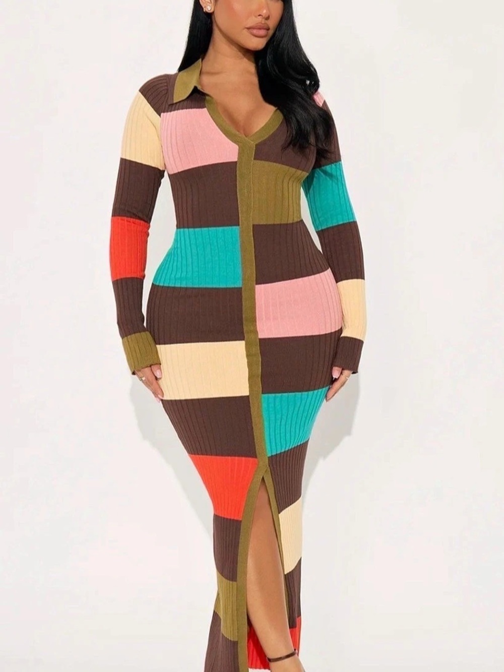 Fashion Nova 
Colorblock Ribbed Maxi Dress Brown & Red